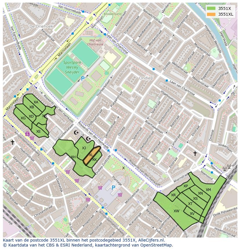 Afbeelding van het postcodegebied 3551 XL op de kaart.