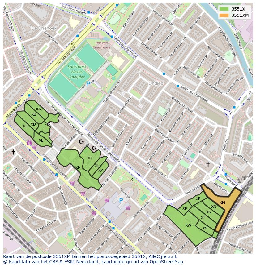 Afbeelding van het postcodegebied 3551 XM op de kaart.