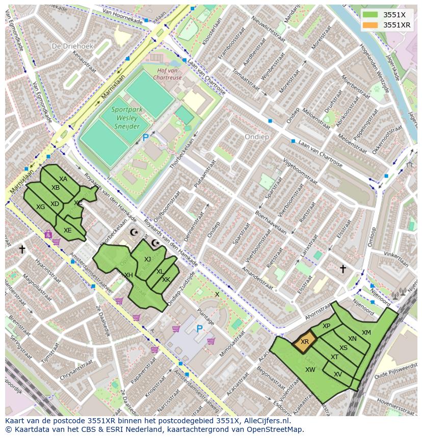Afbeelding van het postcodegebied 3551 XR op de kaart.