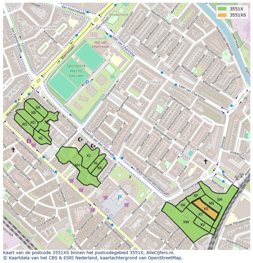 Afbeelding van het postcodegebied 3551 XS op de kaart.