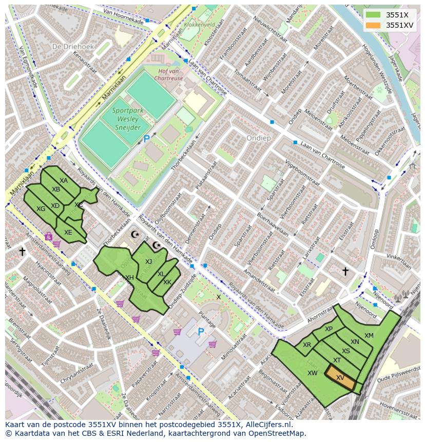 Afbeelding van het postcodegebied 3551 XV op de kaart.