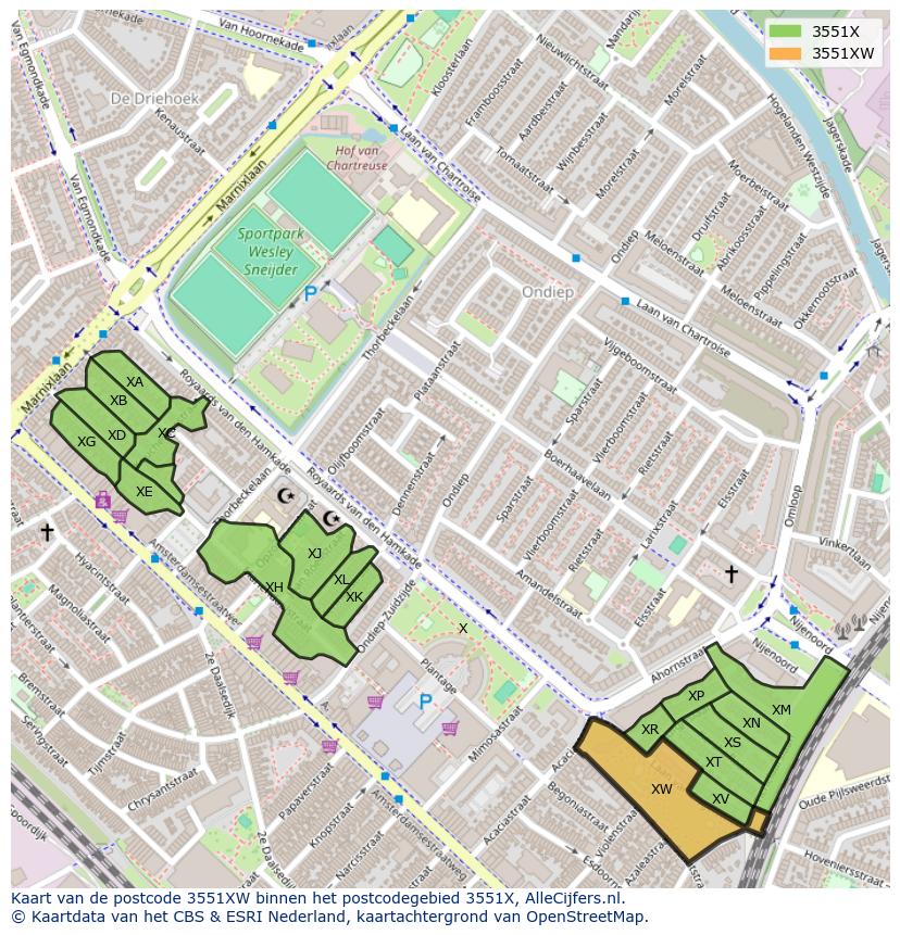 Afbeelding van het postcodegebied 3551 XW op de kaart.