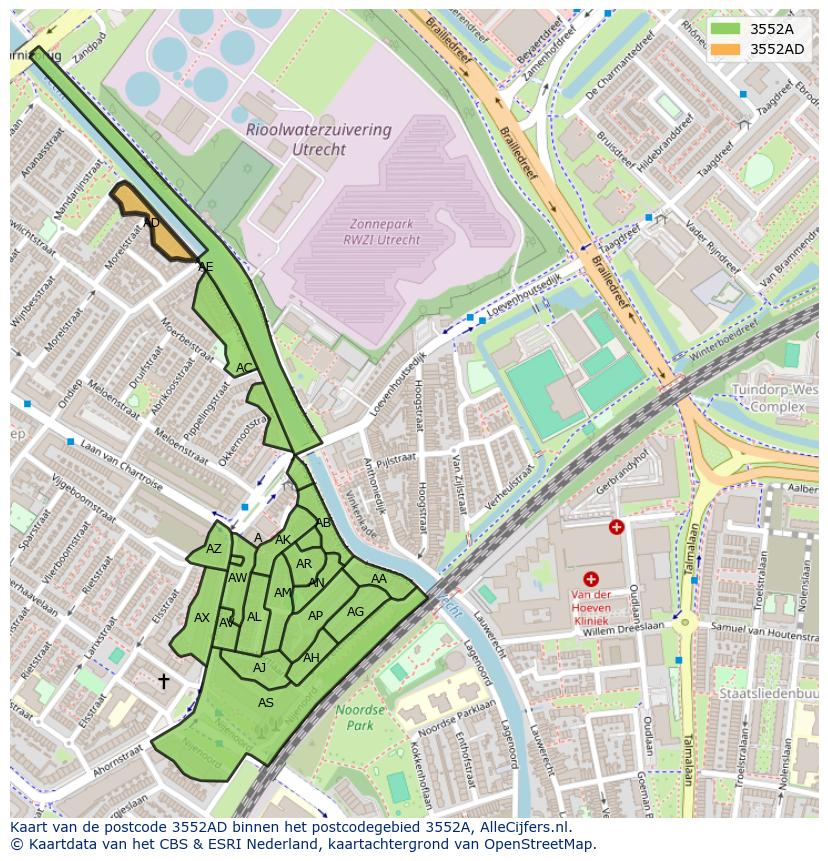 Afbeelding van het postcodegebied 3552 AD op de kaart.
