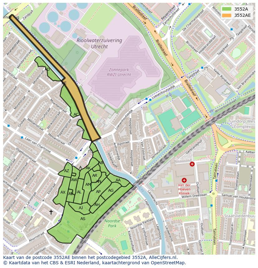 Afbeelding van het postcodegebied 3552 AE op de kaart.