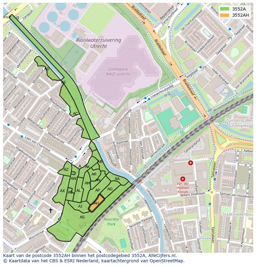 Afbeelding van het postcodegebied 3552 AH op de kaart.