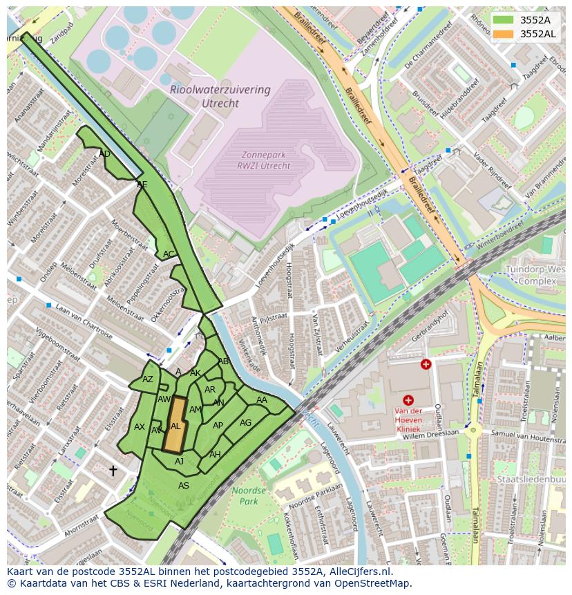 Afbeelding van het postcodegebied 3552 AL op de kaart.