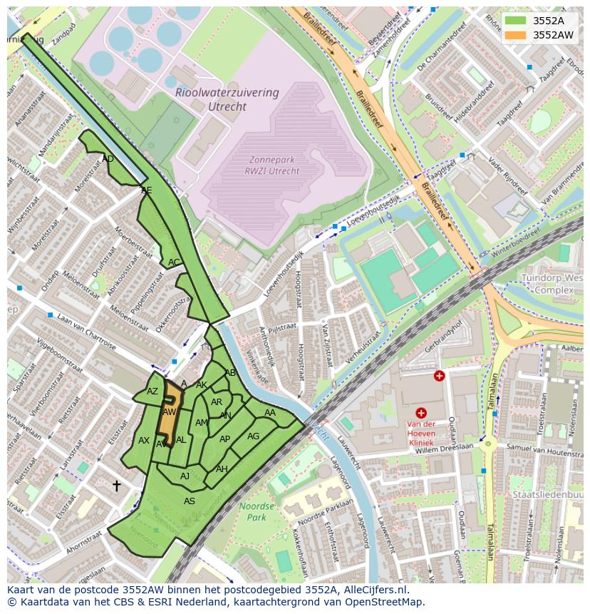 Afbeelding van het postcodegebied 3552 AW op de kaart.