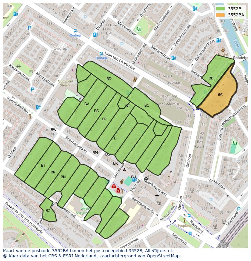 Afbeelding van het postcodegebied 3552 BA op de kaart.