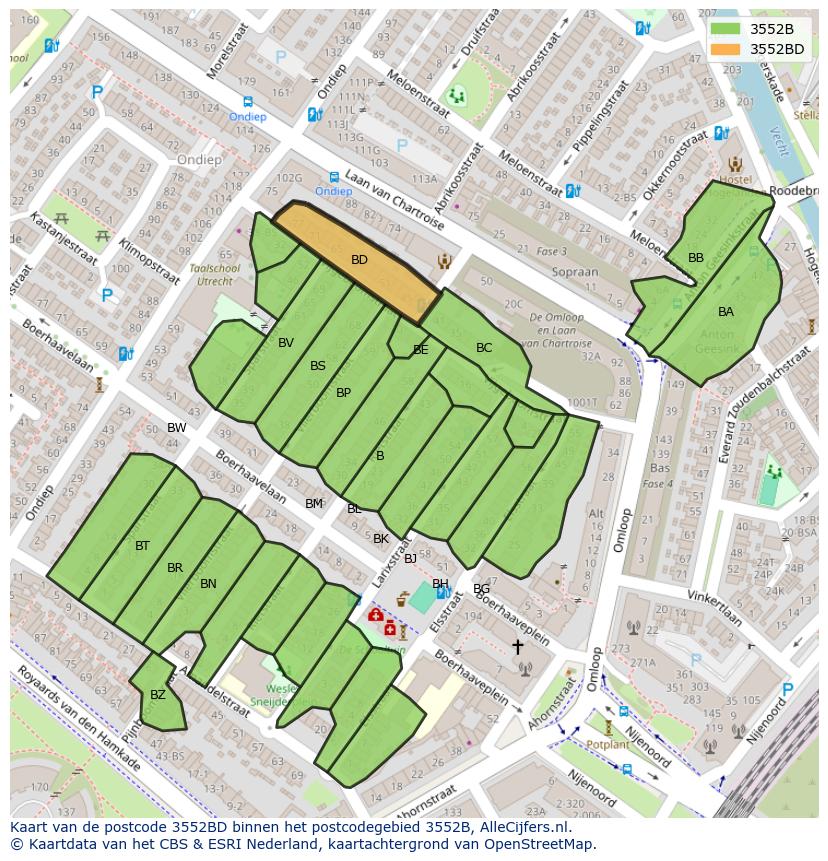 Afbeelding van het postcodegebied 3552 BD op de kaart.