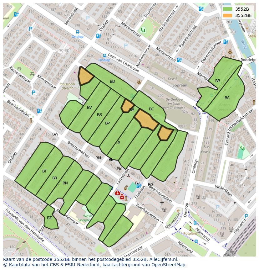 Afbeelding van het postcodegebied 3552 BE op de kaart.