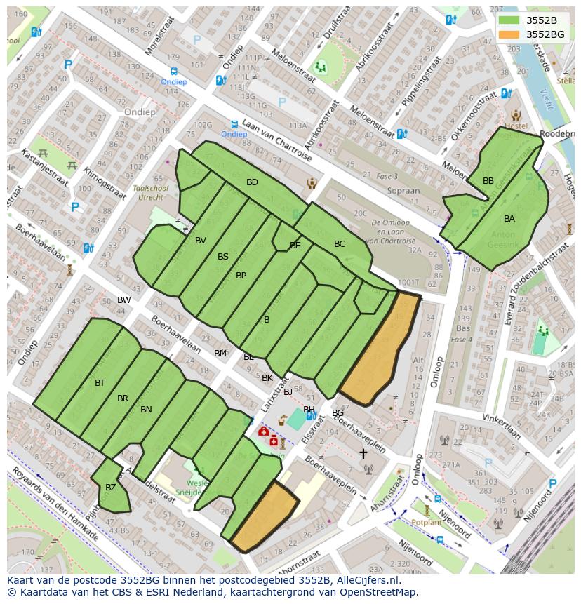 Afbeelding van het postcodegebied 3552 BG op de kaart.