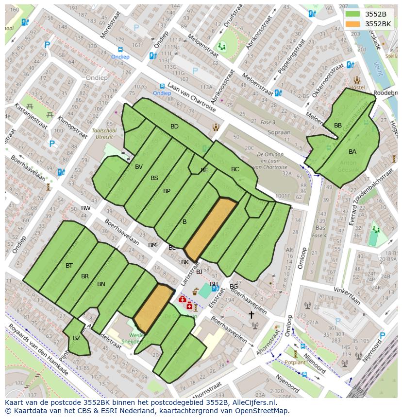 Afbeelding van het postcodegebied 3552 BK op de kaart.