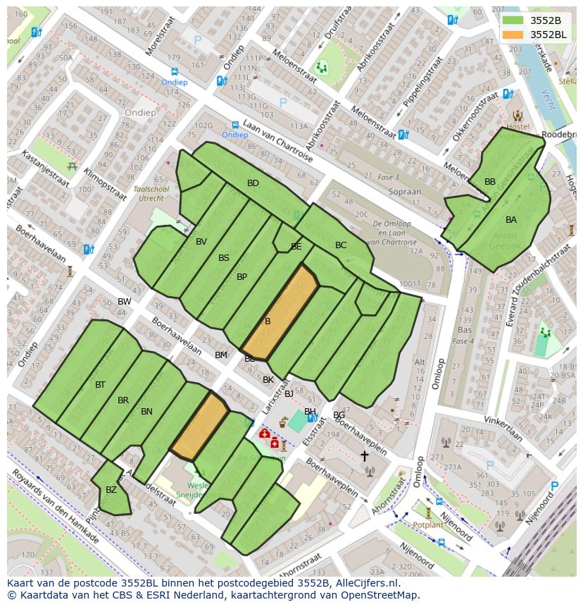 Afbeelding van het postcodegebied 3552 BL op de kaart.