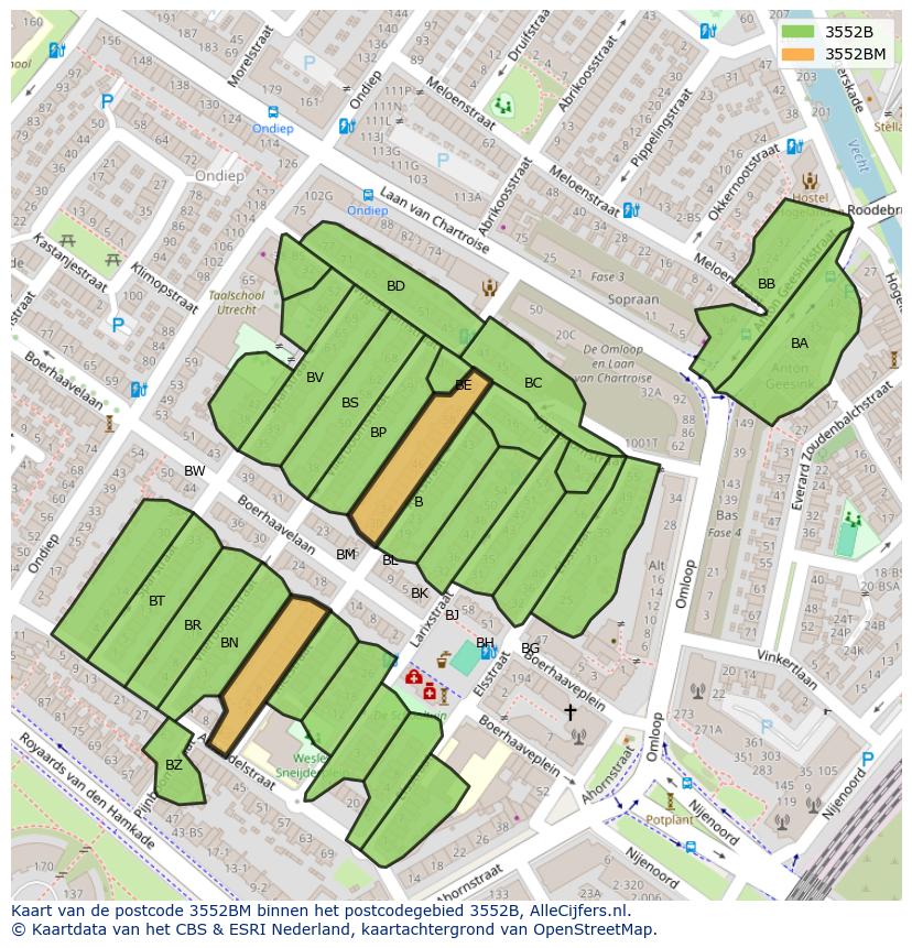 Afbeelding van het postcodegebied 3552 BM op de kaart.