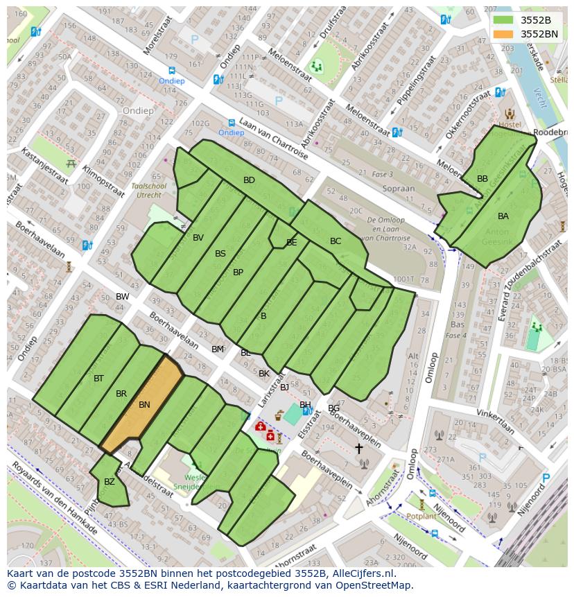 Afbeelding van het postcodegebied 3552 BN op de kaart.