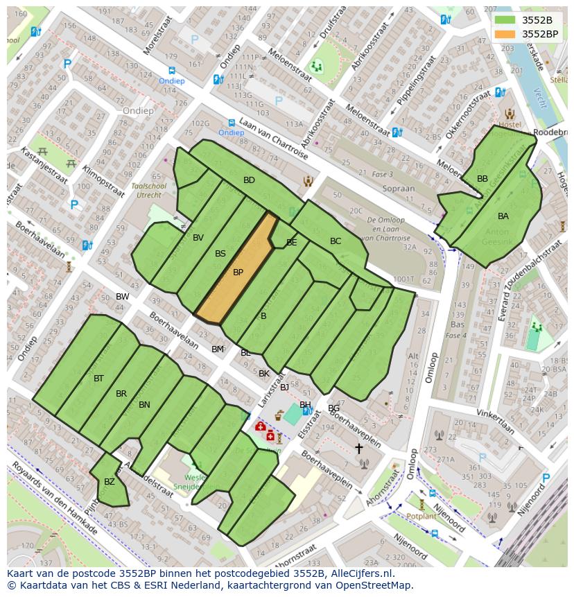 Afbeelding van het postcodegebied 3552 BP op de kaart.