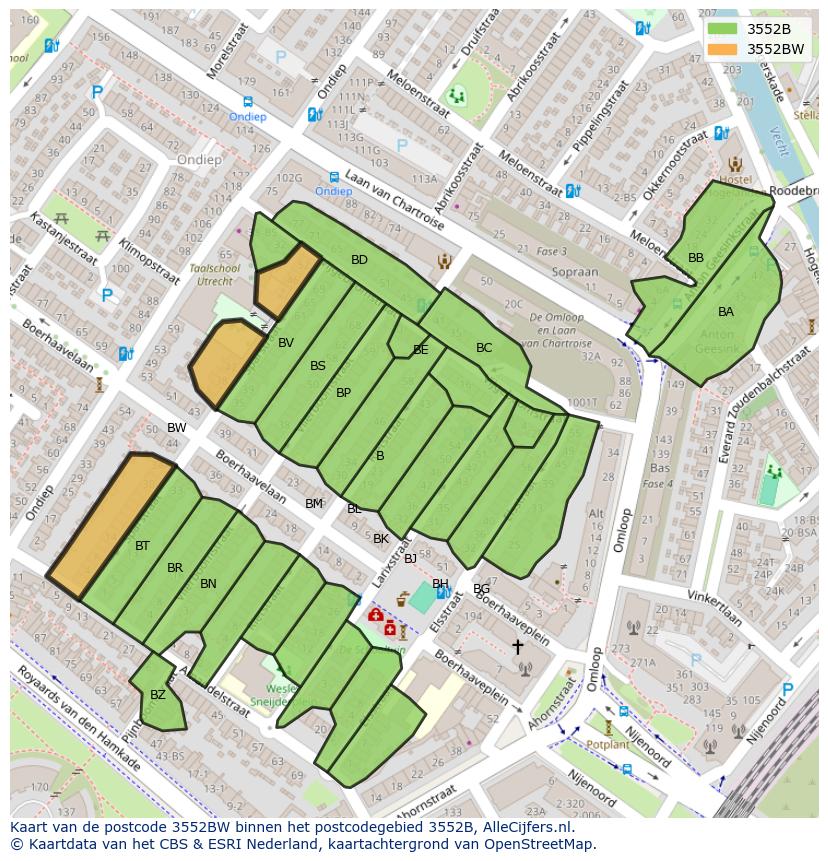 Afbeelding van het postcodegebied 3552 BW op de kaart.