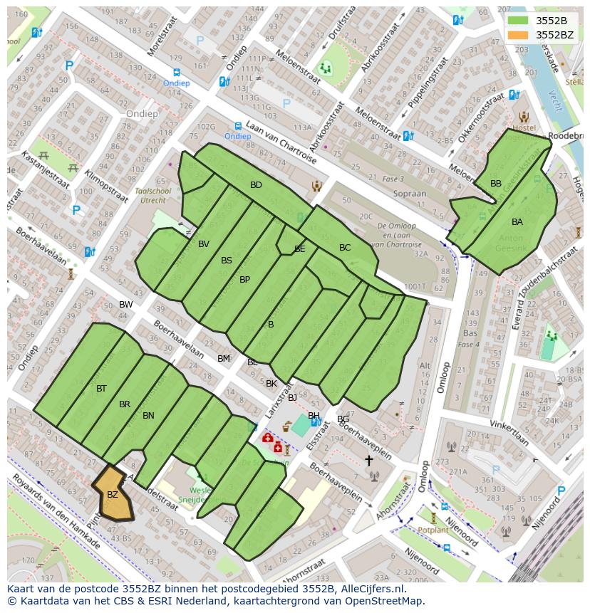 Afbeelding van het postcodegebied 3552 BZ op de kaart.