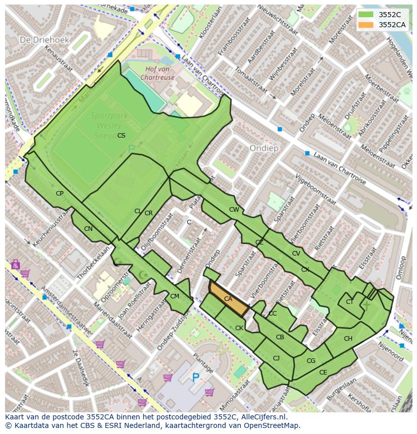 Afbeelding van het postcodegebied 3552 CA op de kaart.