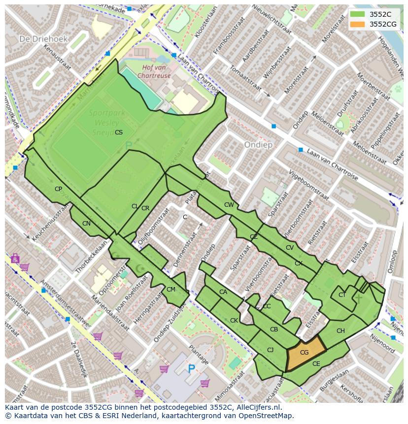 Afbeelding van het postcodegebied 3552 CG op de kaart.