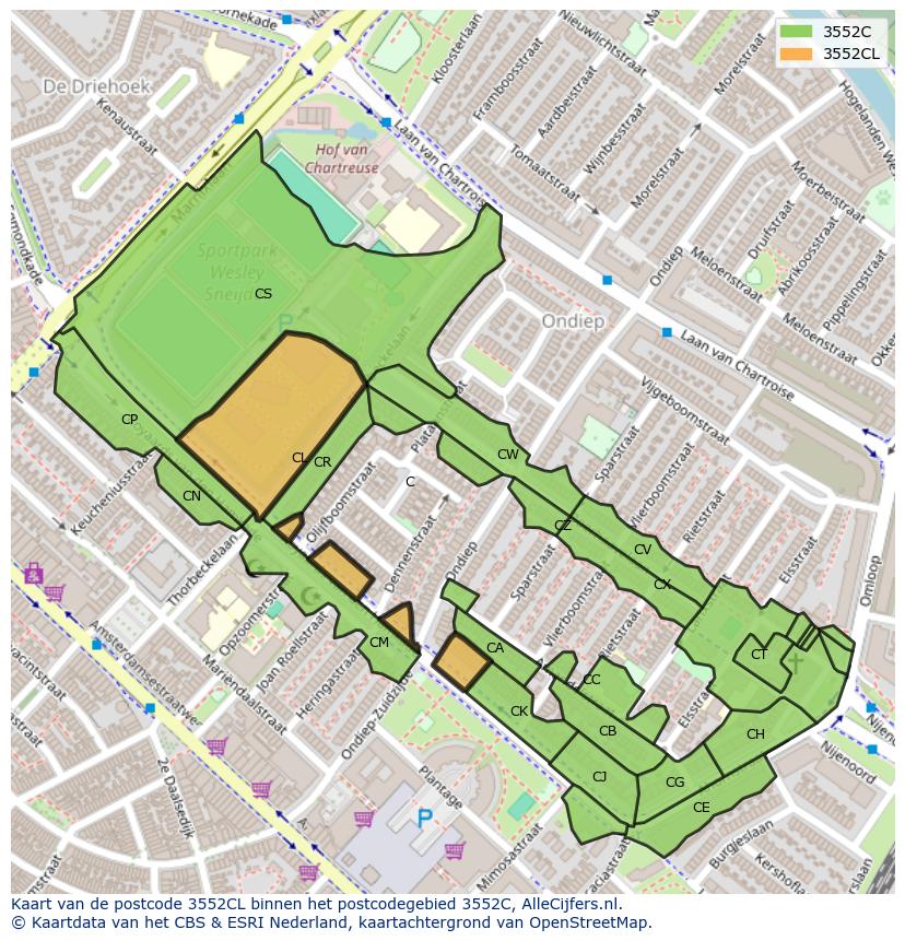 Afbeelding van het postcodegebied 3552 CL op de kaart.