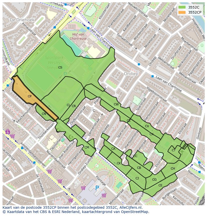 Afbeelding van het postcodegebied 3552 CP op de kaart.