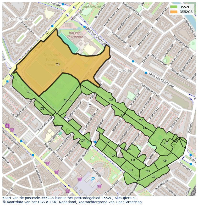 Afbeelding van het postcodegebied 3552 CS op de kaart.