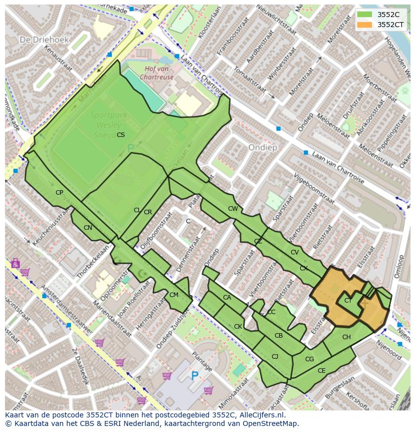 Afbeelding van het postcodegebied 3552 CT op de kaart.
