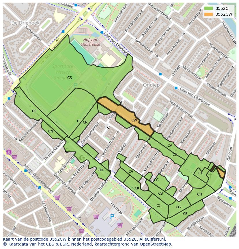 Afbeelding van het postcodegebied 3552 CW op de kaart.