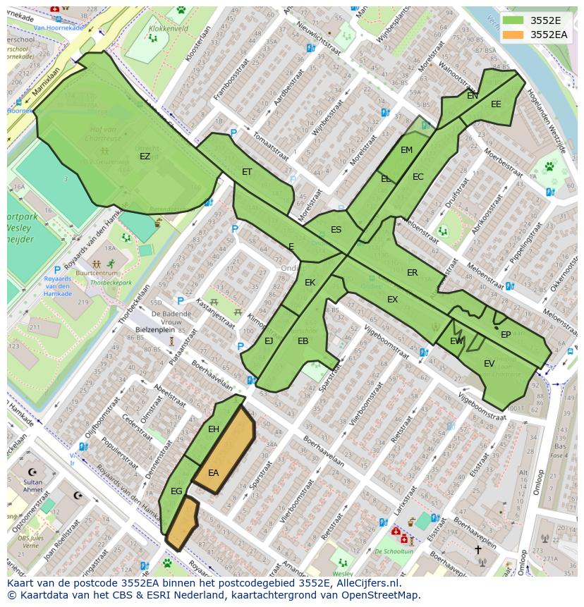 Afbeelding van het postcodegebied 3552 EA op de kaart.