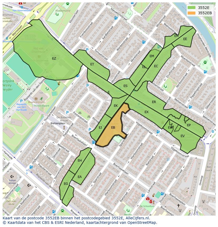 Afbeelding van het postcodegebied 3552 EB op de kaart.