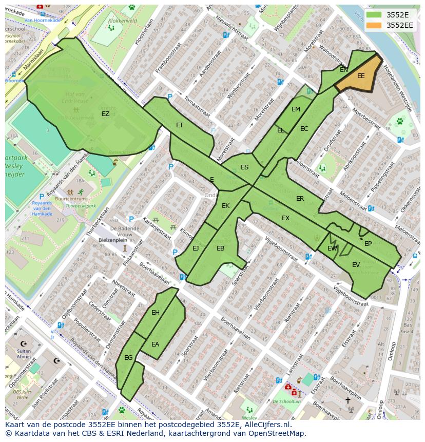 Afbeelding van het postcodegebied 3552 EE op de kaart.