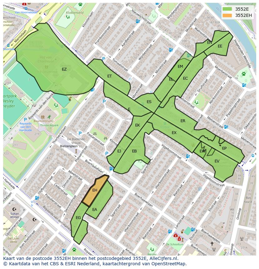 Afbeelding van het postcodegebied 3552 EH op de kaart.