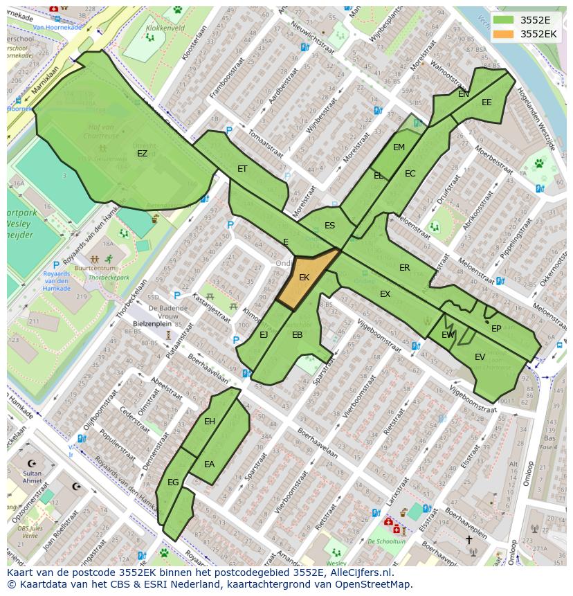 Afbeelding van het postcodegebied 3552 EK op de kaart.