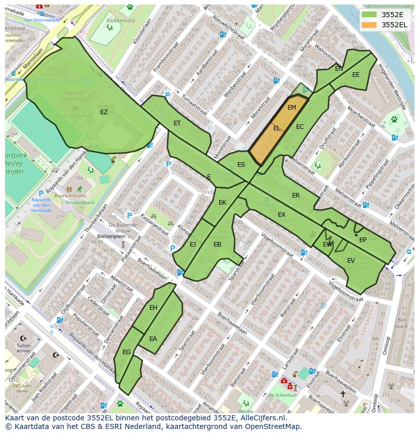 Afbeelding van het postcodegebied 3552 EL op de kaart.
