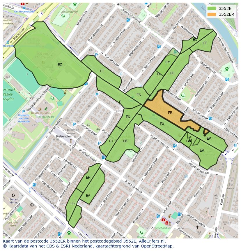 Afbeelding van het postcodegebied 3552 ER op de kaart.