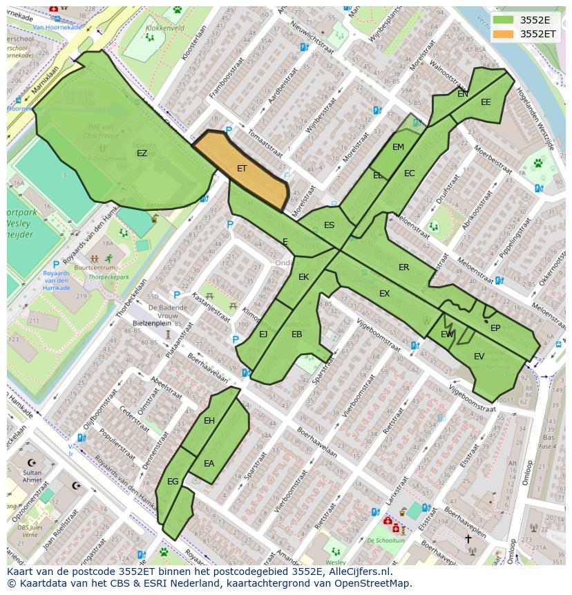 Afbeelding van het postcodegebied 3552 ET op de kaart.