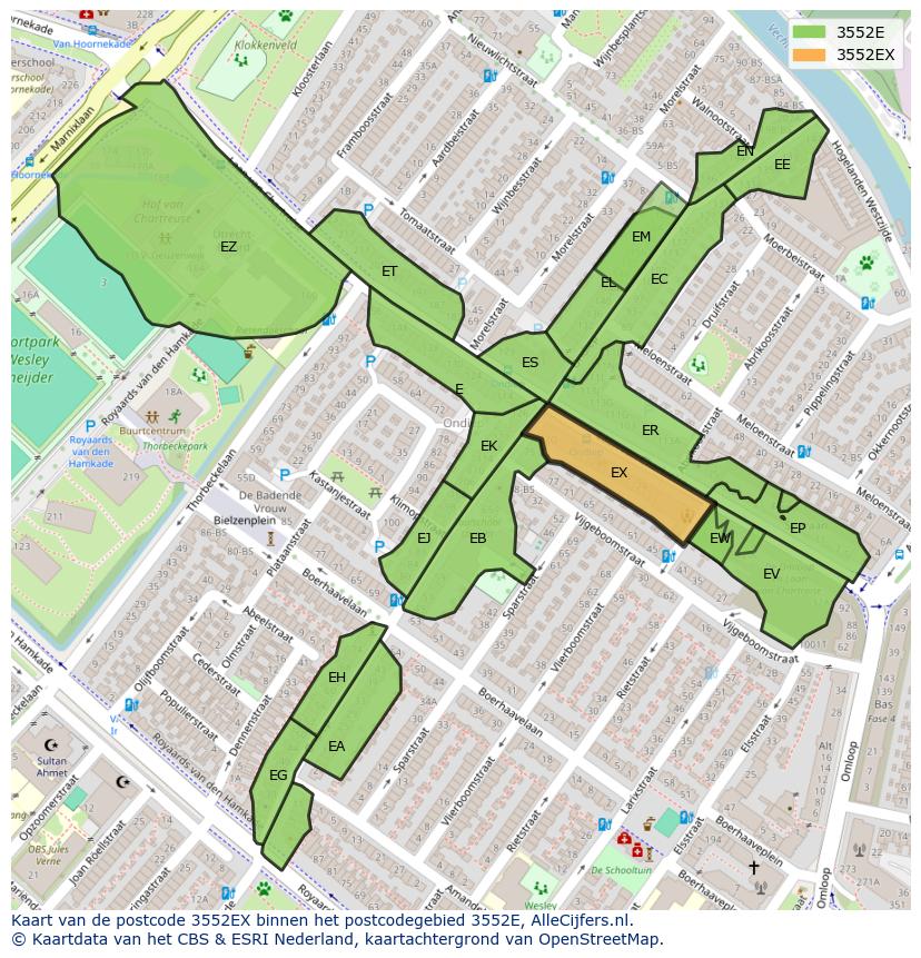 Afbeelding van het postcodegebied 3552 EX op de kaart.