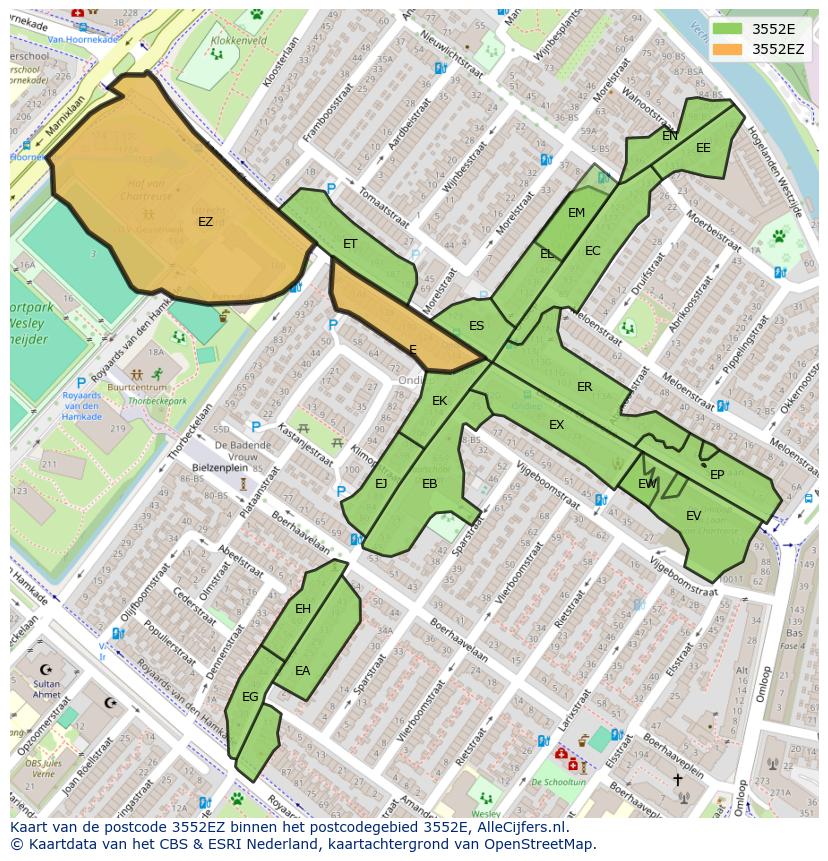 Afbeelding van het postcodegebied 3552 EZ op de kaart.