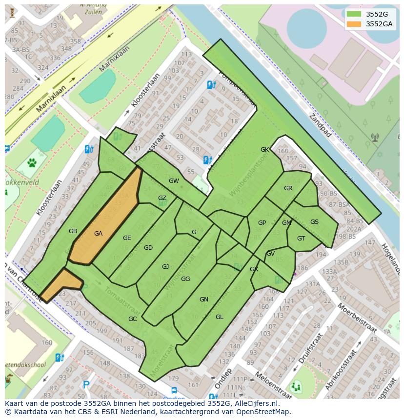 Afbeelding van het postcodegebied 3552 GA op de kaart.