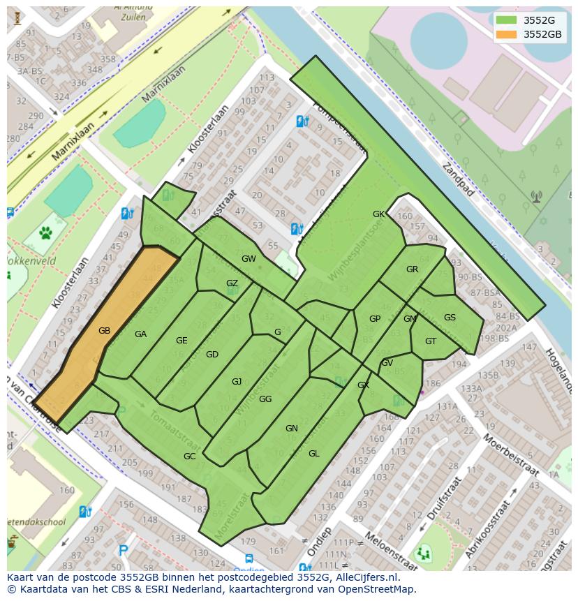 Afbeelding van het postcodegebied 3552 GB op de kaart.