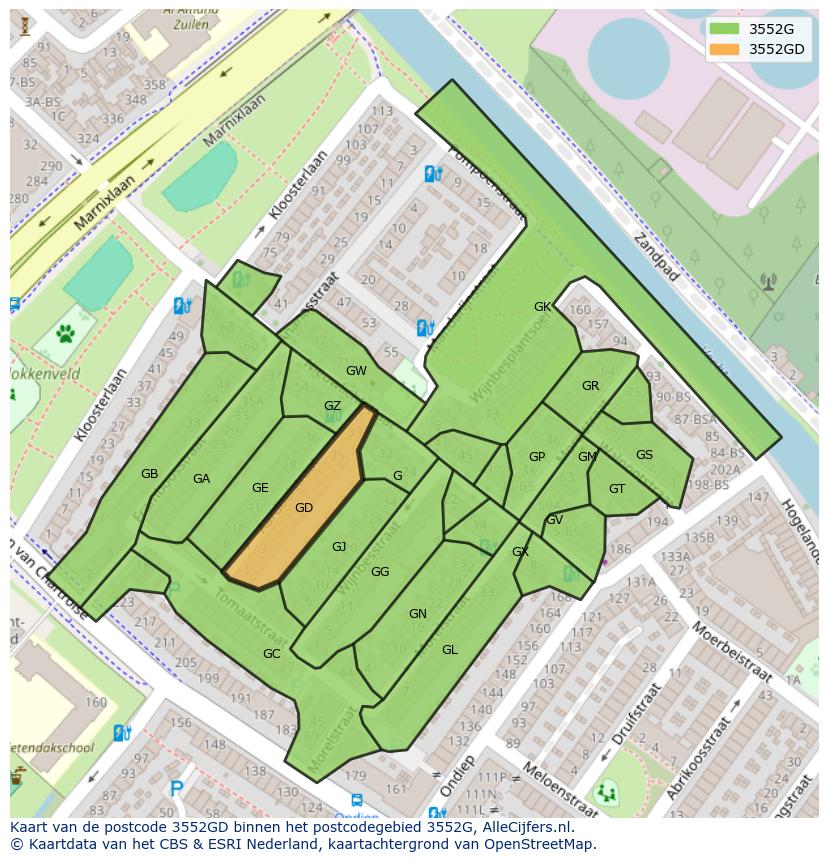 Afbeelding van het postcodegebied 3552 GD op de kaart.