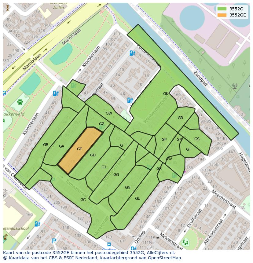 Afbeelding van het postcodegebied 3552 GE op de kaart.