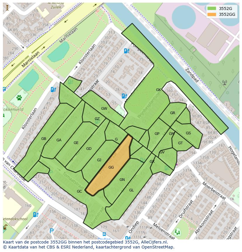 Afbeelding van het postcodegebied 3552 GG op de kaart.