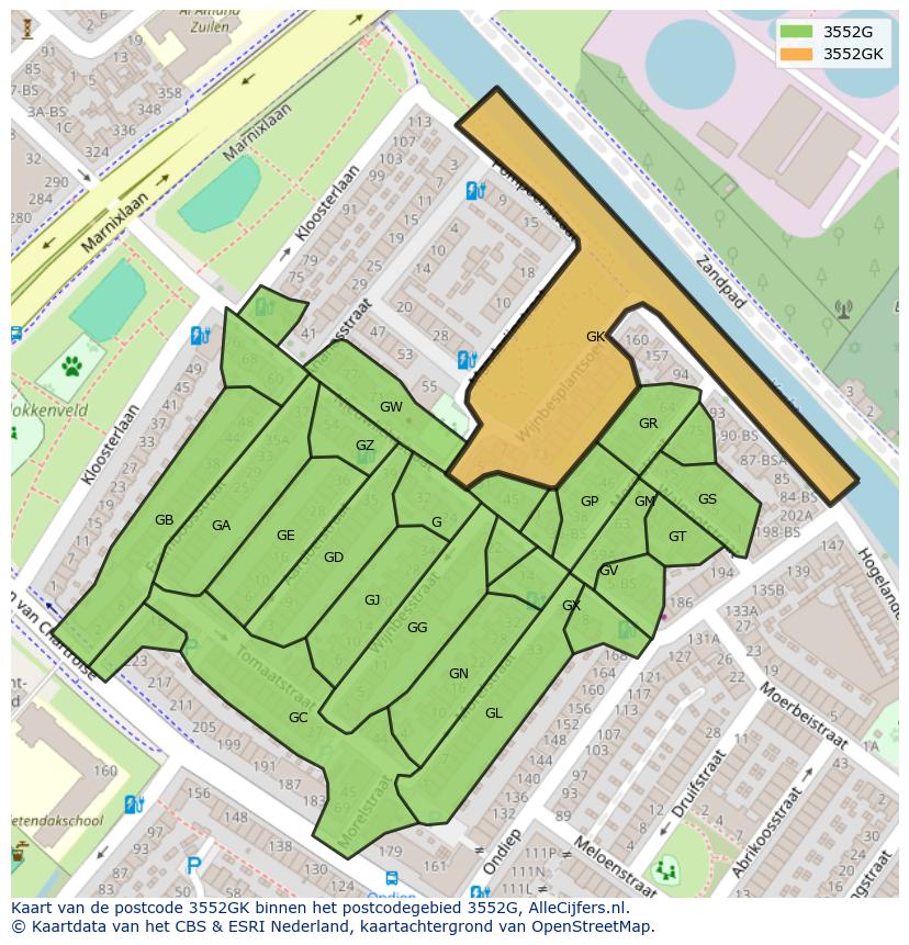 Afbeelding van het postcodegebied 3552 GK op de kaart.