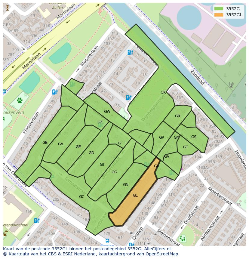 Afbeelding van het postcodegebied 3552 GL op de kaart.