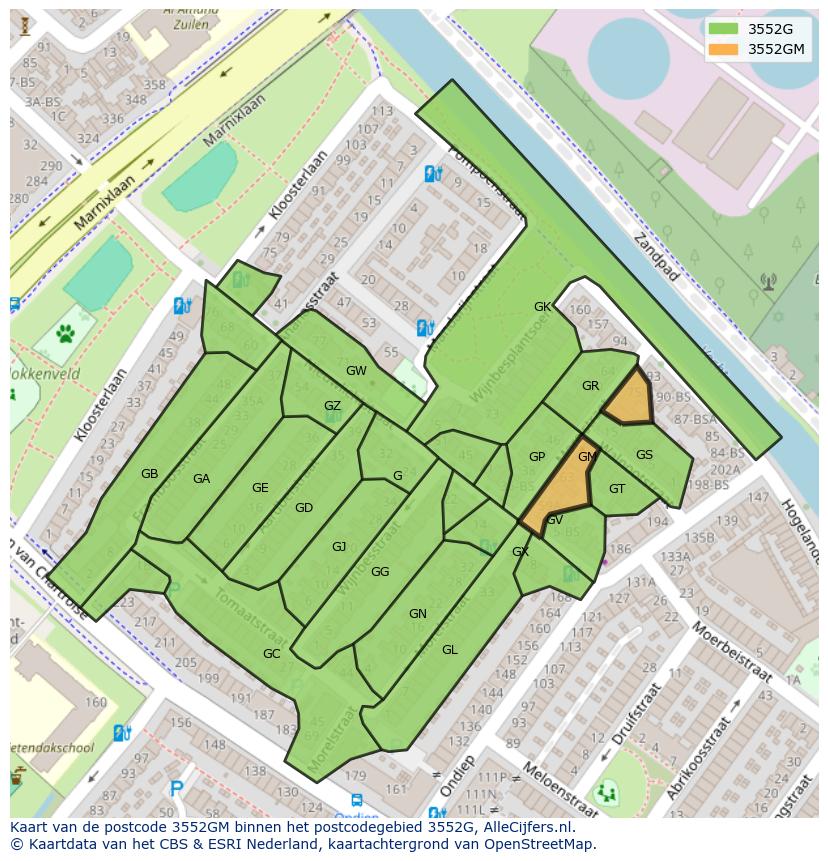 Afbeelding van het postcodegebied 3552 GM op de kaart.