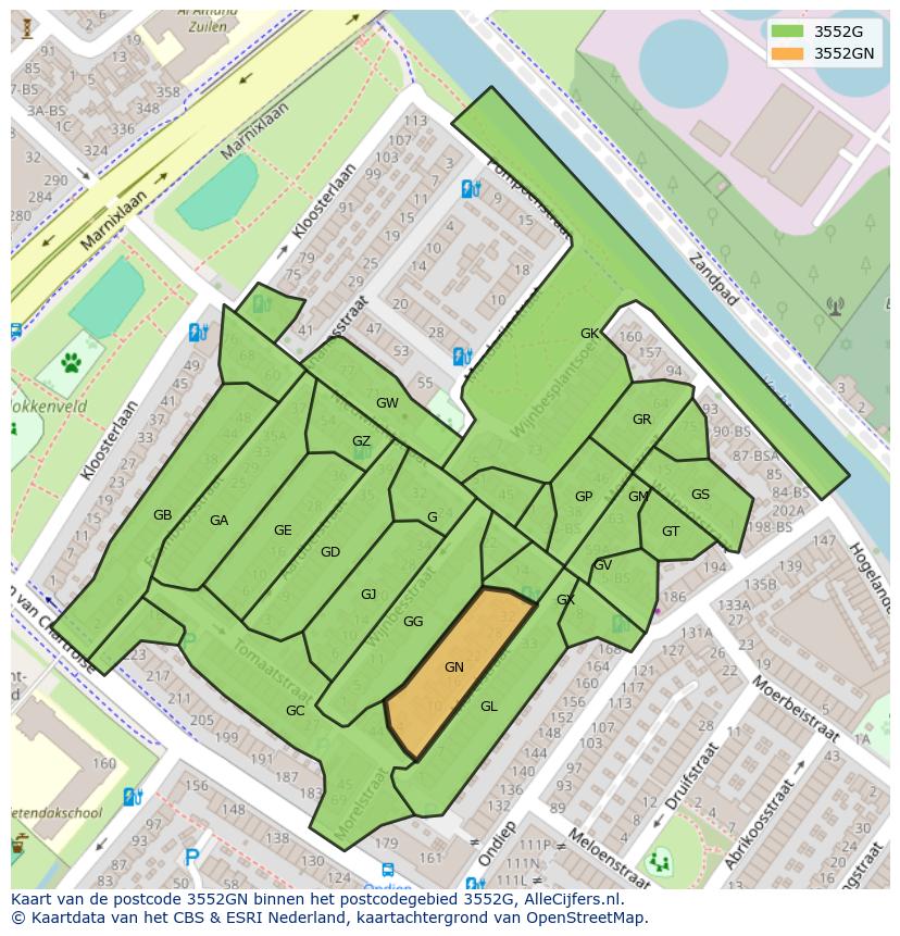 Afbeelding van het postcodegebied 3552 GN op de kaart.