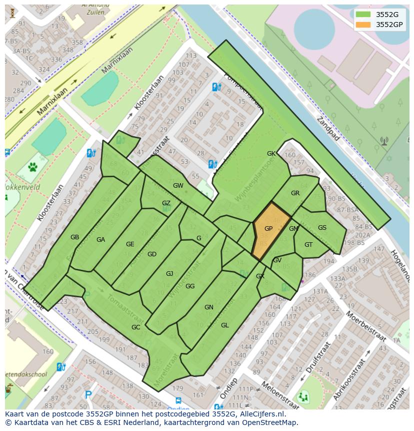 Afbeelding van het postcodegebied 3552 GP op de kaart.