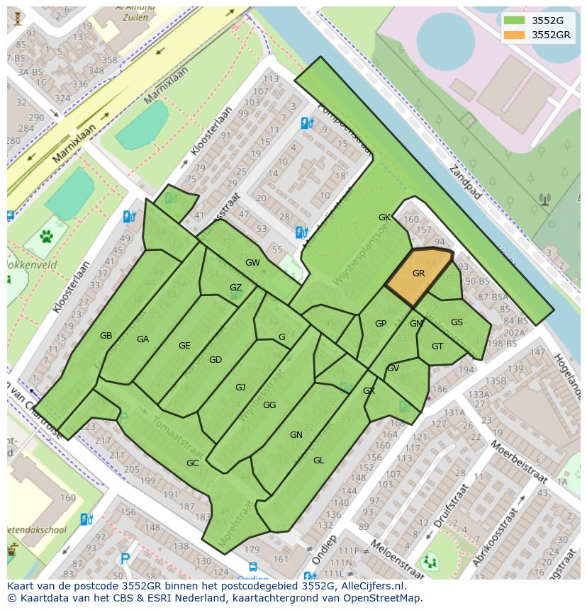 Afbeelding van het postcodegebied 3552 GR op de kaart.